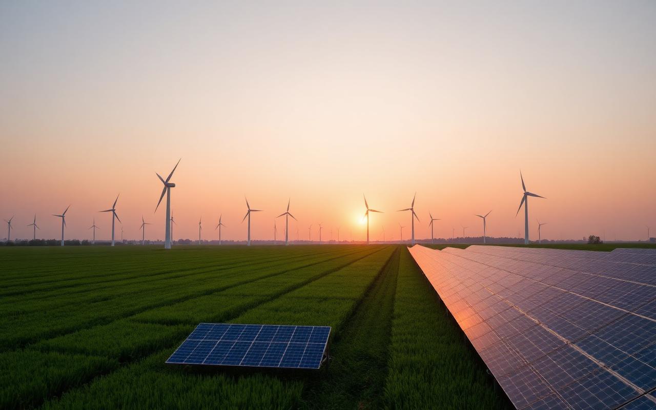 Wind turbines and solar panels at sunset